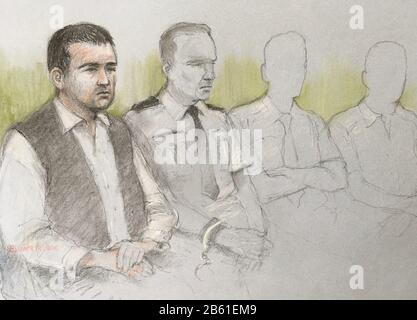 Court artist sketch by Elizabeth Cook of Henry Long, 18, (left) sitting beside a dock officer at the Old Bailey. Long is on trial, along with two teenagers who cannot be named, for the murder of Pc Andrew Harper in Sulhamstead on August 15, 2019. Stock Photo