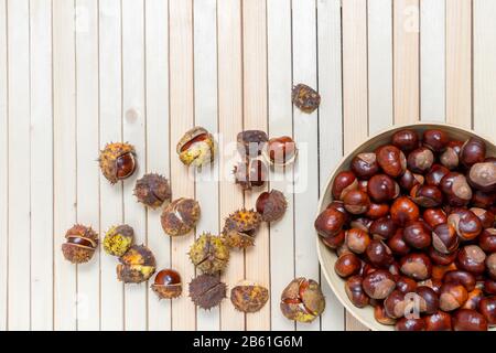 On light wooden background ripe chestnuts in prickly shells and bamboo plate filled with peeled nuts. Top view. Backdrop with copy space and place for Stock Photo