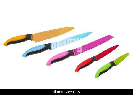 Set of multicolored fun for kitchen knives. On a white background. Stock Photo