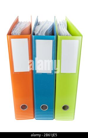 Office archive folders and documents. Close up on white background. Stock Photo