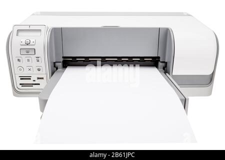Office printer and blank paper for notes. On a white background. Stock Photo
