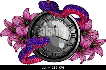 Vintage pocket watch with leaves and snake Stock Vector