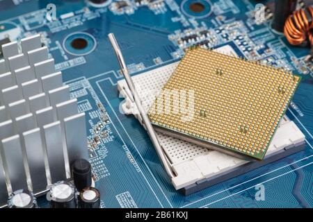 Processor socket on the motherboard close-up. Stock Photo