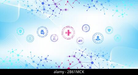 Abstract health care banner template with flat icons. Healthcare medicine concept. CRISPR CAS9 - Genetic engineering. Medical innovation technology Stock Vector