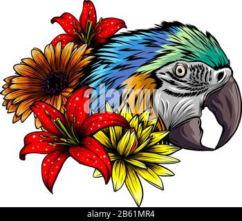 Bright parrots on a branch with tropical flowers Stock Vector
