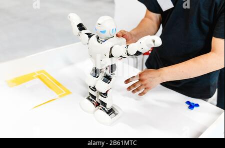 Smart Humanoid Robot dancing, high technology and future science concept Stock Photo