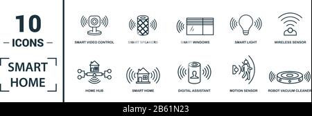 Smart Home icon set. Include creative elements digital assistant, robot vacuum cleaner, smart video control, smart light, home hub icons. Can be used Stock Vector