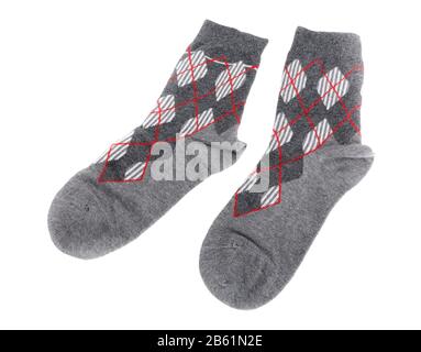 Pair of warm woolen socks. On a white background. Stock Photo