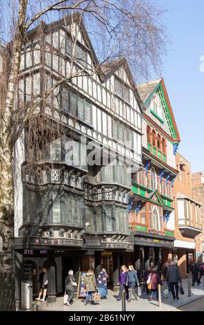 Historic Tudor buildings in High Street, Exeter city centre, Devon, England, UK Stock Photo