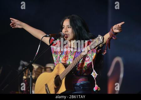 Chilean singer and activist Sara Curruchich performs live on stage during the Tiempo de Mujeres Music Festival at Zocalo in Mexico City. Stock Photo
