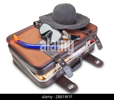 Travel set on suitcase  snorkel mask Panama. On a white background. Stock Photo