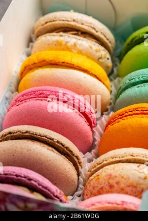 Multi-colored macaroons with different tastes in a gift box. Macro. Stock Photo