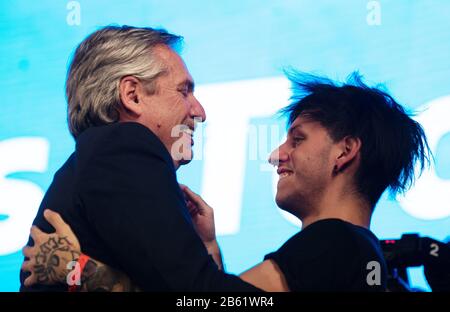 Buenos Aires, Deutschland. 27th Oct, 2019. Alberto Fernández, presidential candidate of the “Frente de Todos” party alliance, is happy about his election victory in Buenos Aires and hugs his son Estanislao. | usage worldwide Credit: dpa/Alamy Live News Stock Photo