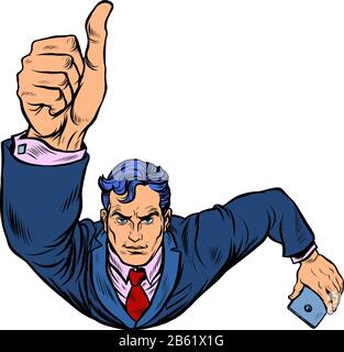 A businessman with a smartphone like, thumbs up. Flying like a superhero Stock Vector