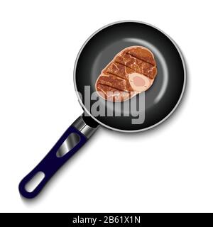 pan with raw meat top view Homemade meat food for lunch or dinner. Tasty delicious beef slice. Cooking process on frying pan. Isolated vector illustra Stock Vector