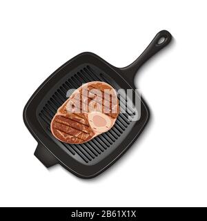 pan with raw meat top view Homemade meat food for lunch or dinner. Tasty delicious beef slice. Cooking process on frying pan. Isolated vector illustra Stock Vector