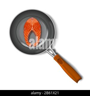 Fresh fish salmon steaks in frying pan top view isolated on white background Stock Vector