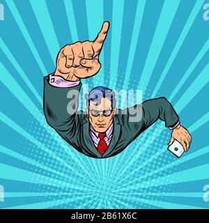 A businessman with a smartphone index finger up. Flying like a superhero Stock Vector