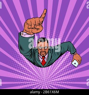 African businessman with a smartphone index finger up. Flying like a superhero Stock Vector