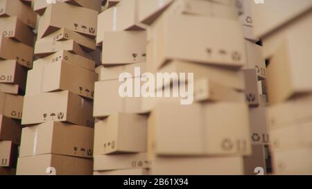 Background of cardboard boxes inside warehouse, logistic center. Warehouse filled with cardboard boxes. Mess in the warehouse, 3D illustration Stock Photo