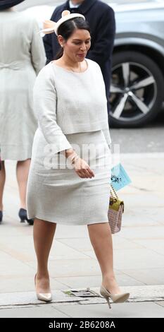 Home Secretary Priti Patel arrives at the Commonwealth Service at Westminster Abbey, London on Commonwealth Day. The service is the Duke and Duchess of Sussex's final official engagement before they quit royal life. Stock Photo