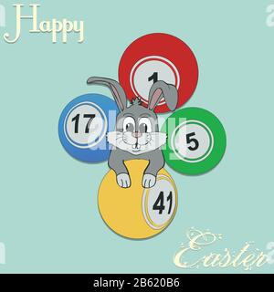 Hand Drawn Easter Bunny With Bingo Lottery Balls Over Turquoise Background And Happy Easter Decorative Text Stock Vector