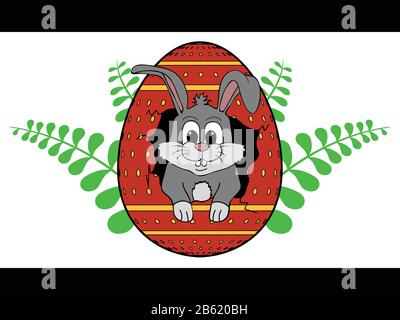 Hand Drawn Easter Bunny Coming Out From Cracked Decorated Easter Egg Over Green Branches With Leafs On White Panel Stock Vector