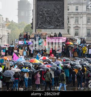 London, England, UK - September 27, 2019: Protesters gather in the rail for a Fridays For The Future climate demonstration in London's Trafalgar Squar Stock Photo