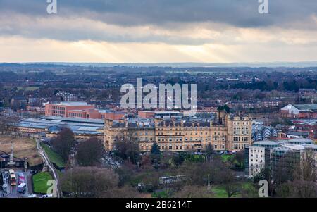 York, England, UK - January 28, 2017: York Railway Station and The Principal hotel, with the western suburbs of the city. Stock Photo