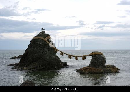 The famous twin rocks of Meoto Iwa in Ise Japan Stock Photo