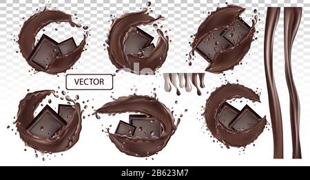 3D realistic illustration splash chocolate and piece chocolate. Cocoa butter, chocolate paste with drops on transparent background. Beautiful vector illustration for design label. Stock Vector