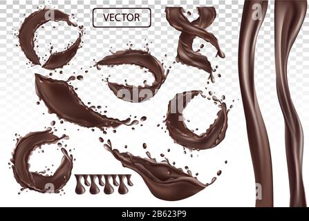 3D realistic illustration splashings chocolate for design label, cocoa butter, chocolate paste and chocolate drops on transparent background. Set vector illustration Stock Vector