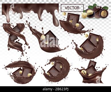 Chocolate splash with nuts macadamia. Piece chocolate with drops on transparent background. Chocolate paste. Cocoa. Chocolate bar. Set realistic vector illustration. Stock Vector