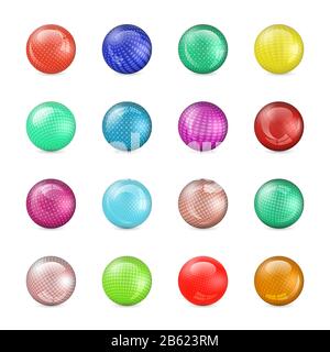 Set of glossy colored balls with halftone fill, isolated on white background, vector illustration. Stock Vector