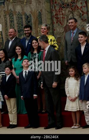 Madrid, Spain; 09/03/2020.- School contest What is a King to you? the audience with the winners of the XXXVIII edition of this contest, convened by the Spanish Institutional Foundation (FIES) at the Palacio del Pardo. King Felipe VI talks with each of the winners by communities about their work.Photo: Juan Carlos Rojas/Picture Alliance | usage worldwide Stock Photo