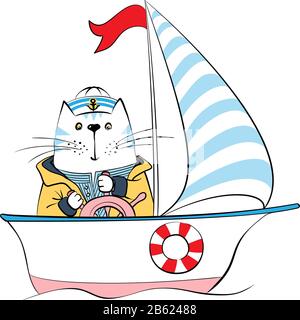 Cute cat captain in sailor suit at the helm of the ship, cartoon hand drawn vector illustration Stock Vector