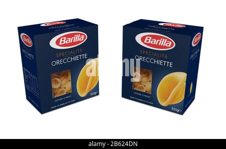 Italy -Jjanuary 30, 2020: 3D rendering orecchiette pack of Barilla Italian pasta on white  illustrative editorial Stock Photo