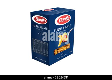 Italy -Jjanuary 30, 2020: 3D rendering lasagne  pack of Barilla Italian pasta on white  illustrative editorial Stock Photo