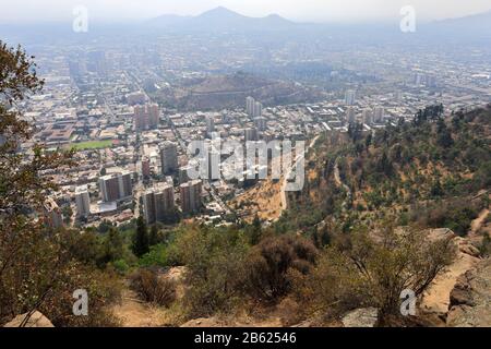 Viewpoint looking over Santiago City from Cerro San Cristóbal, Chile. Stock Photo