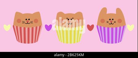 Cute vector food flat illustration. Little cat, bear and rabbit. Beautiful muffins. Pink yellow and purple cakes on pink background with hearts. Stock Vector