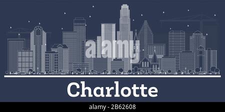 Outline Charlotte NC City Skyline with White Buildings. Vector Illustration. Business Travel and Tourism Concept with Modern Architecture. Charlotte. Stock Vector