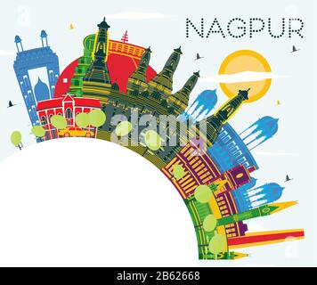 Nagpur India City Skyline with Color Buildings, Blue Sky and Copy Space. Vector Illustration. Business Travel and Tourism Concept. Stock Vector