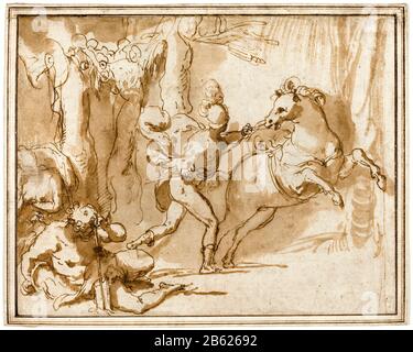 Alexander the Great and Bucephalus, drawing by Taddeo Zuccaro, circa 1553 Stock Photo