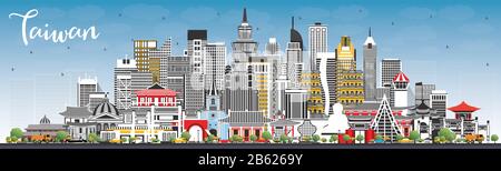 Taiwan City Skyline with Gray Buildings and Blue Sky. Vector Illustration. Tourism Concept with Historic Architecture. Stock Vector