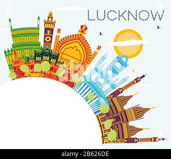 Lucknow India City Skyline with Gray Buildings, Blue Sky and Copy Space. Vector Illustration. Stock Vector