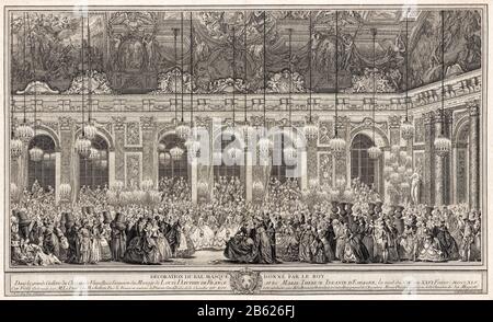 A masked ball in the Hall of Mirrors, Palace of Versailles, for the wedding of Louis Dauphin Of France to Marie Thérèse of Spain, 25th-26th February 1745, engraving by Michel de Bonneval, Charles-Nicolas Cochin (elder and younger), 1756 Stock Photo