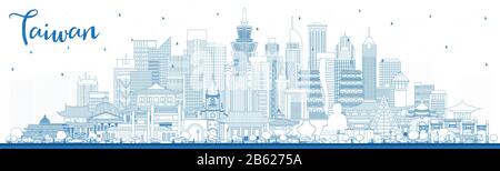 Outline Taiwan City Skyline with Blue Buildings. Vector Illustration. Tourism Concept with Historic Architecture. Taiwan Cityscape with Landmarks. Stock Vector