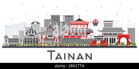 Tainan Taiwan City Skyline with Gray Buildings Isolated on White. Vector Illustration. Business Travel and Tourism Concept with Historic Architecture. Stock Vector