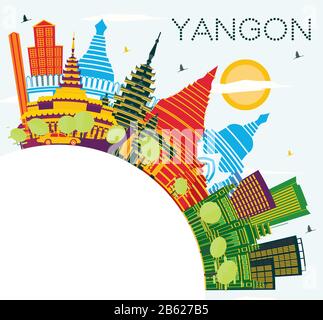 Yangon Myanmar City Skyline with Color Buildings, Blue Sky and Copy Space. Vector Illustration. Stock Vector