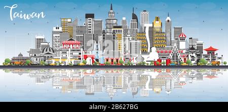 Taiwan City Skyline with Gray Buildings, Blue Sky and Reflections. Vector Illustration. Tourism Concept with Historic Architecture. Stock Vector